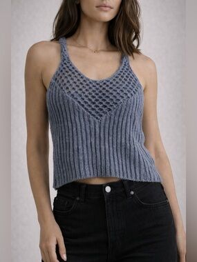BKE Crochet Knit Tank Top Dusty Blue Textured Boho Chic Size S